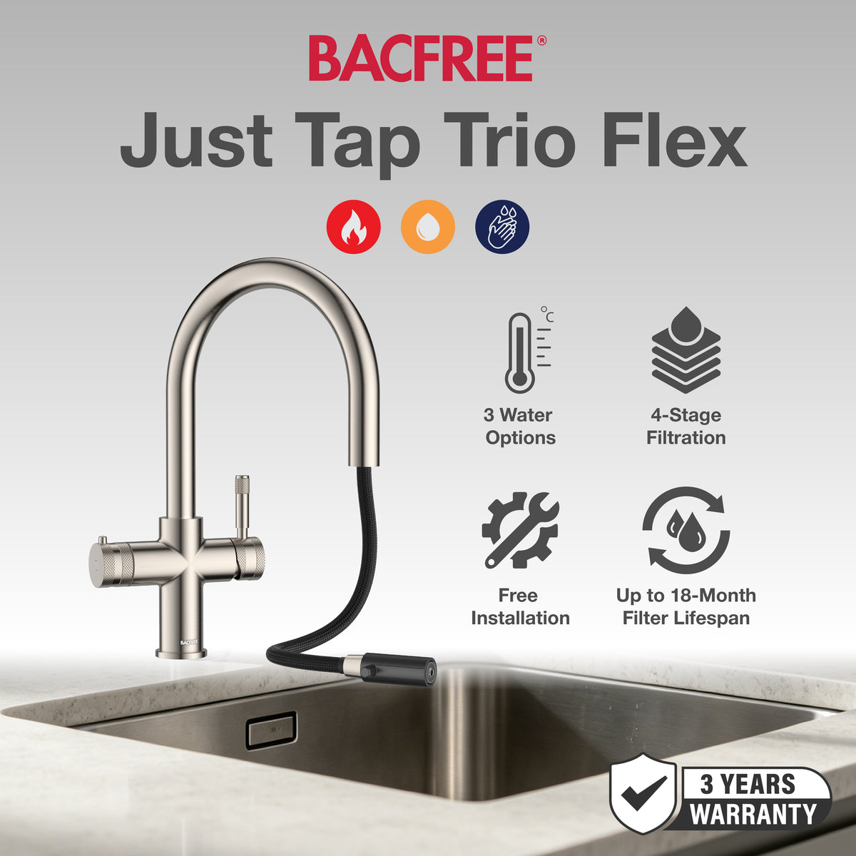 BACFREE Just Tap Trio Flex 3-In-1 (Pull Out Tap)