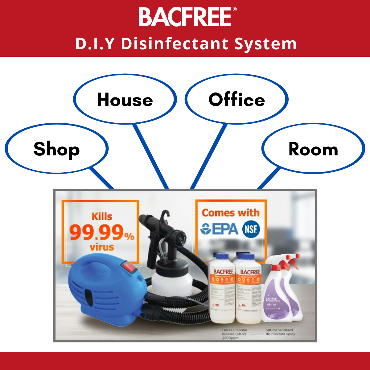 BACFREE D.I.Y Disinfectant Sprayer with Chlorine Dioxide kills 99.99